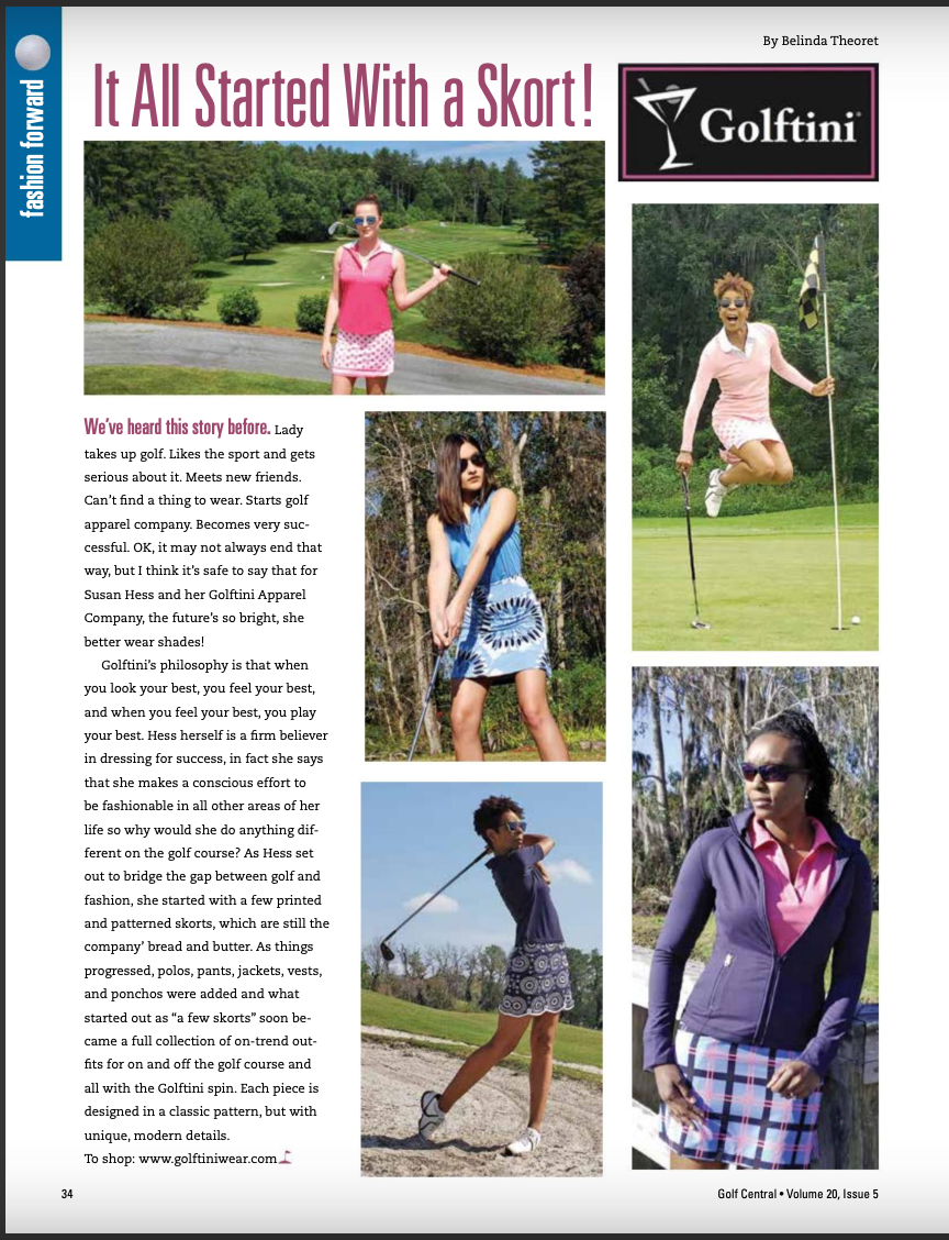 Fashionable womens golf apparel Golftini featured in the press of Golf Central Magazine