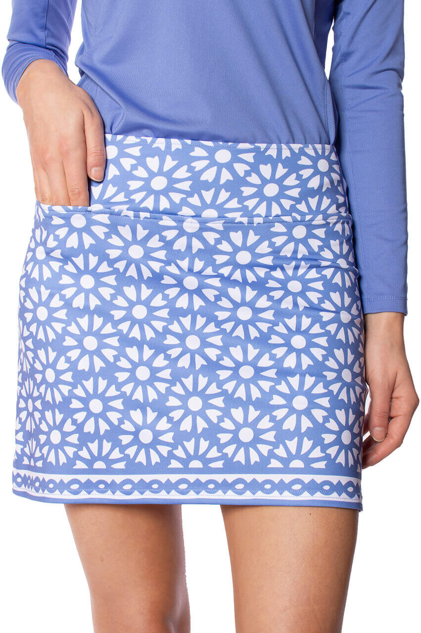 Cute periwinkle and white women's golf skort with hidden front tee pocket