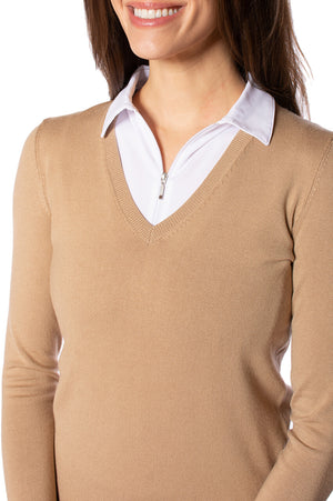 Camel/White Stretch V-Neck Sweater