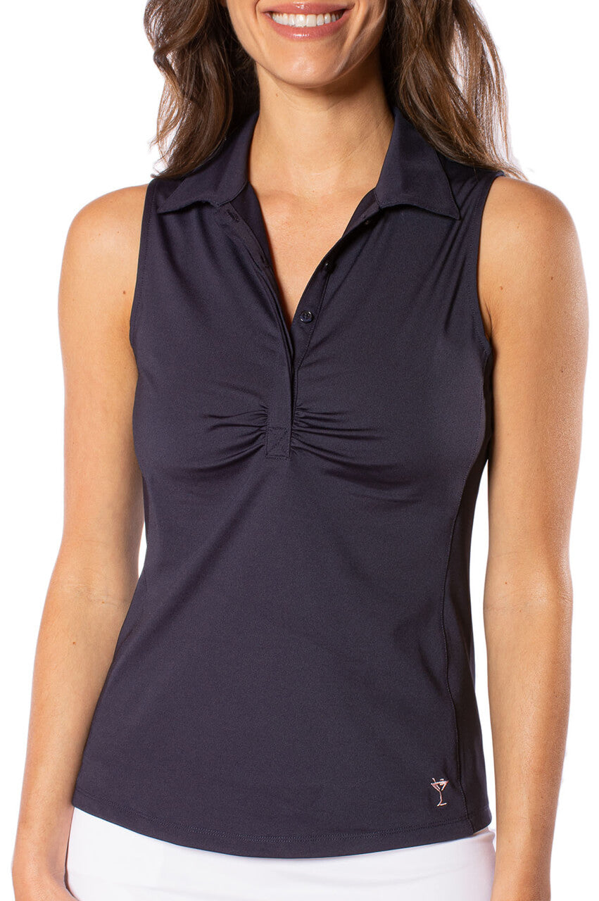 Navy Sleeveless Ruched Polo
