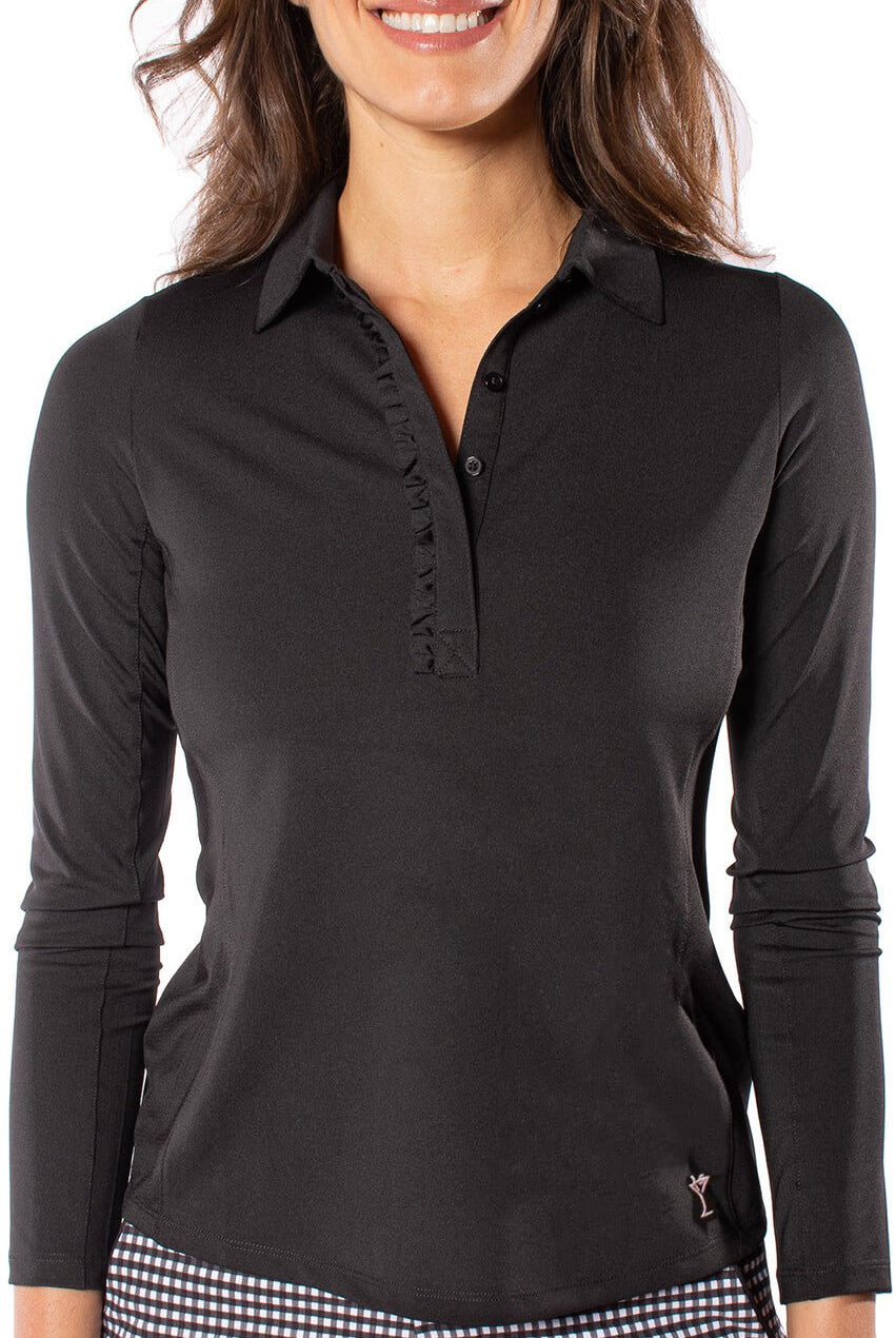 Black Long Sleeve Ruffle Polo - GolftiniTops