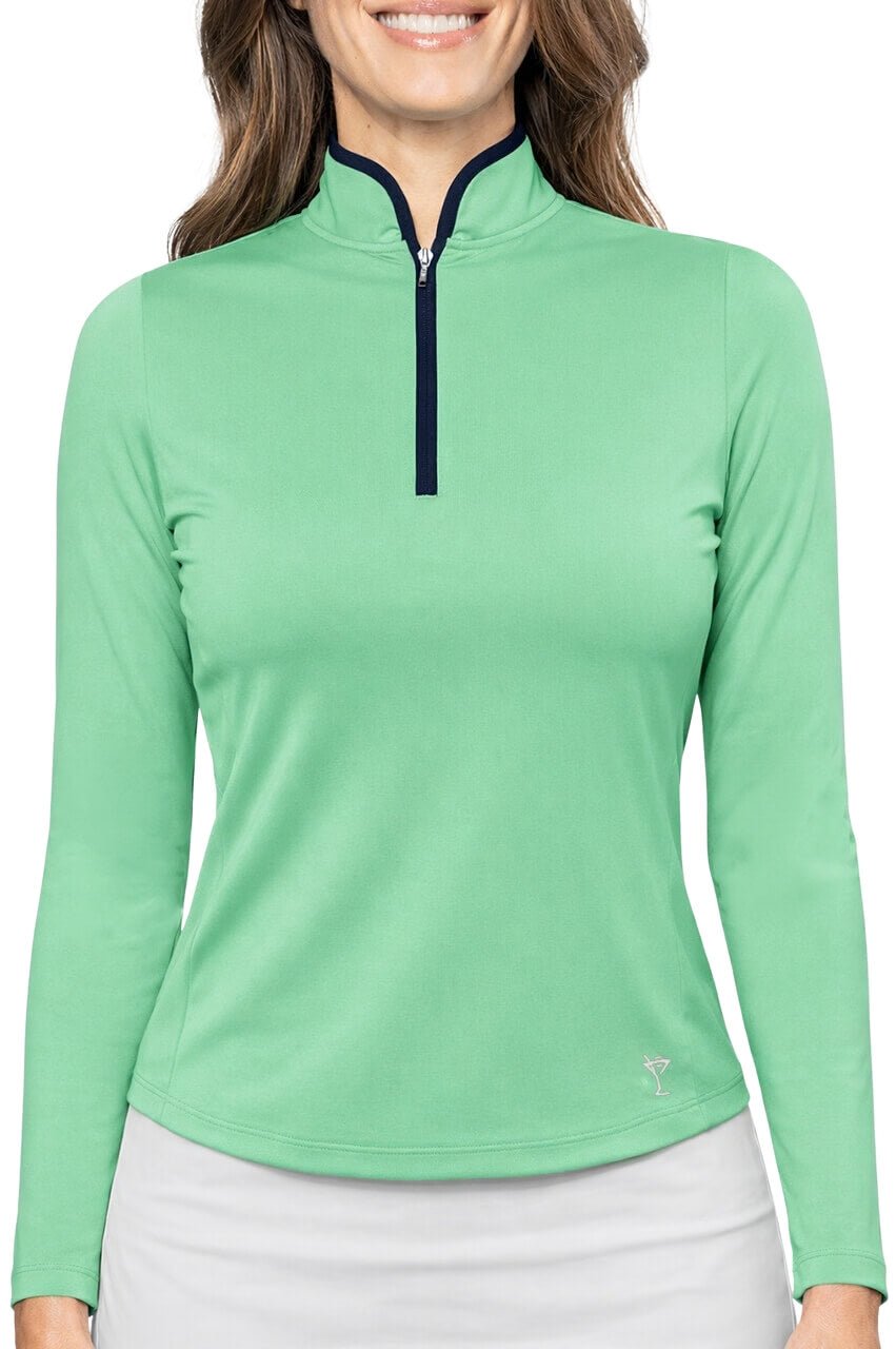 Kelly Green/Navy Long Sleeve Cool Girl Mock Polo - GolftiniTops