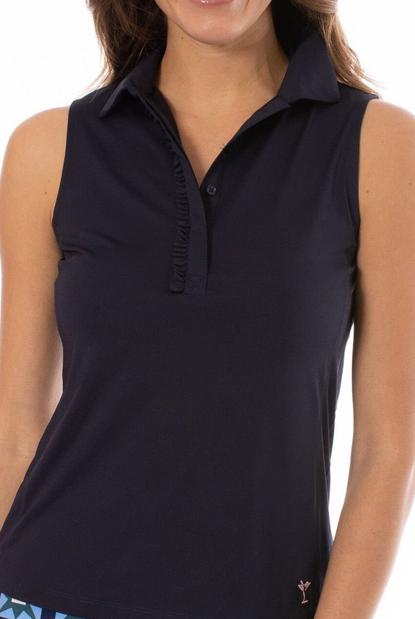 Navy Sleeveless Ruffle Polo - GolftiniTops