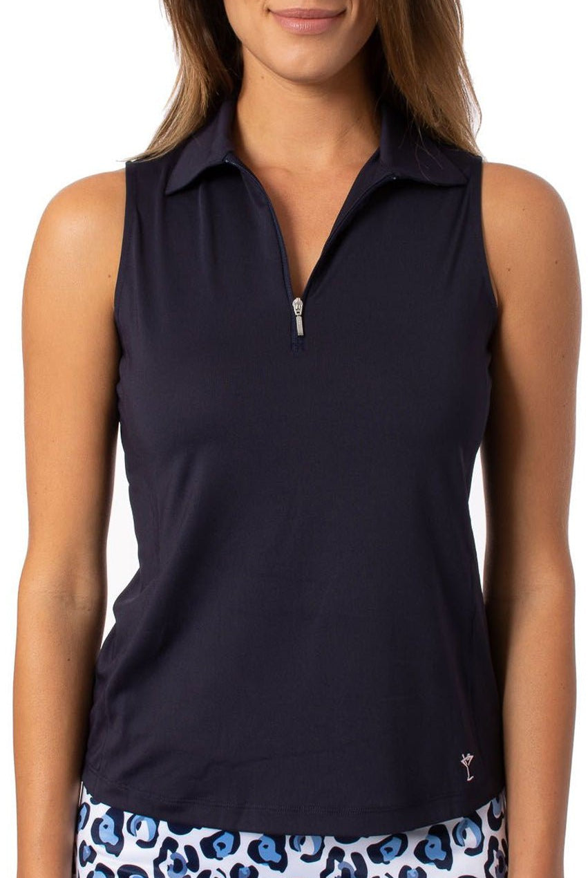 Navy Sleeveless Zip Polo - GolftiniTops