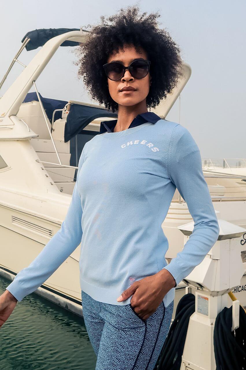 Seersucker Blue CHEERS Crewneck Sweater - GolftiniSweaters