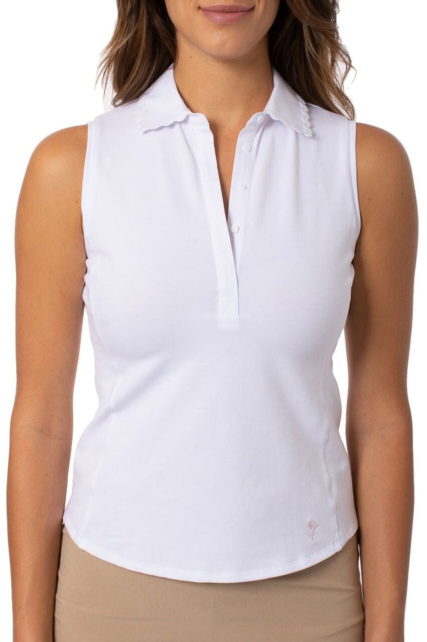Sleeveless Stretch Pique Cotton Polo with White Ric Rac Trim - GolftiniTops