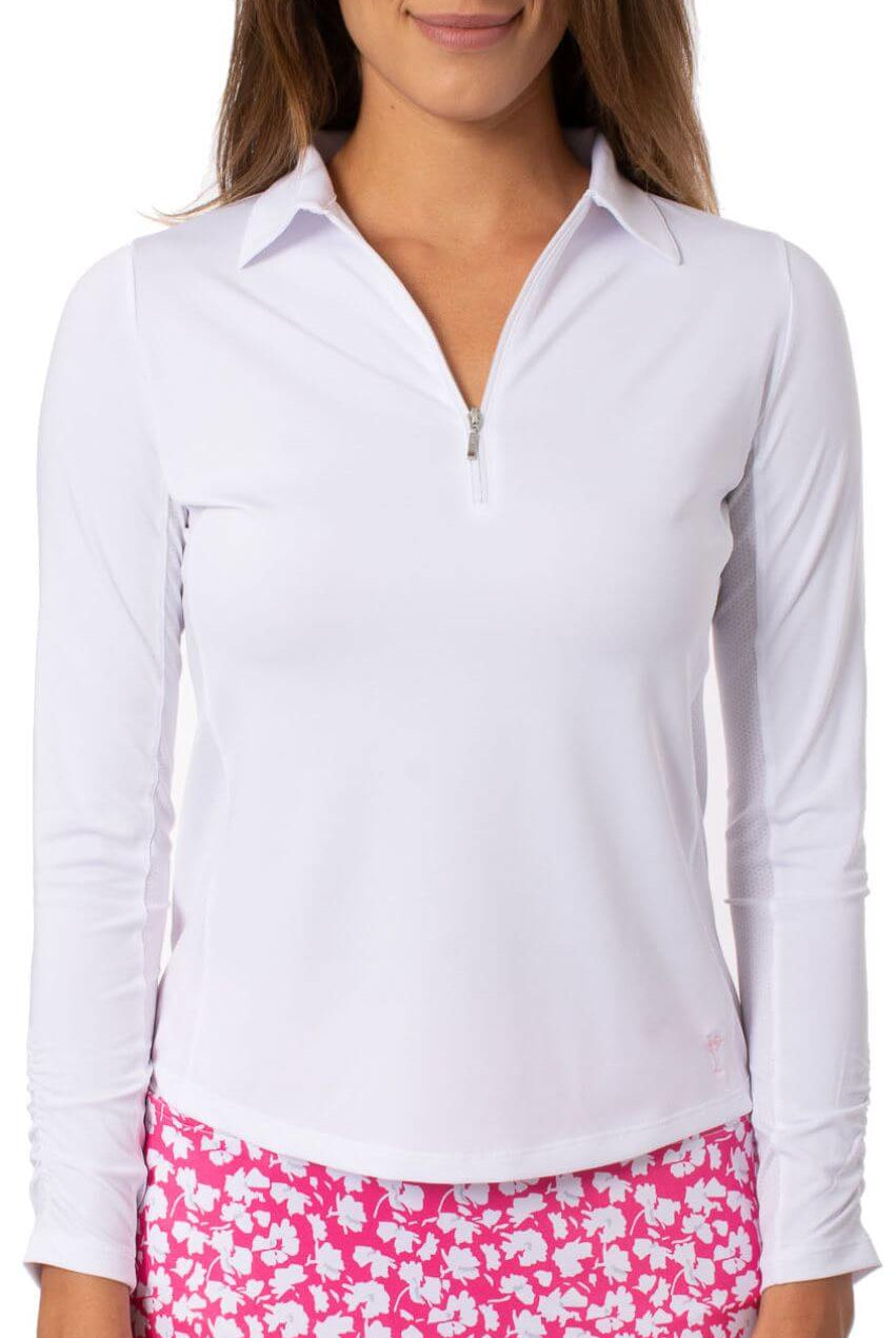 White Long Sleeve Zip Polo - GolftiniTops