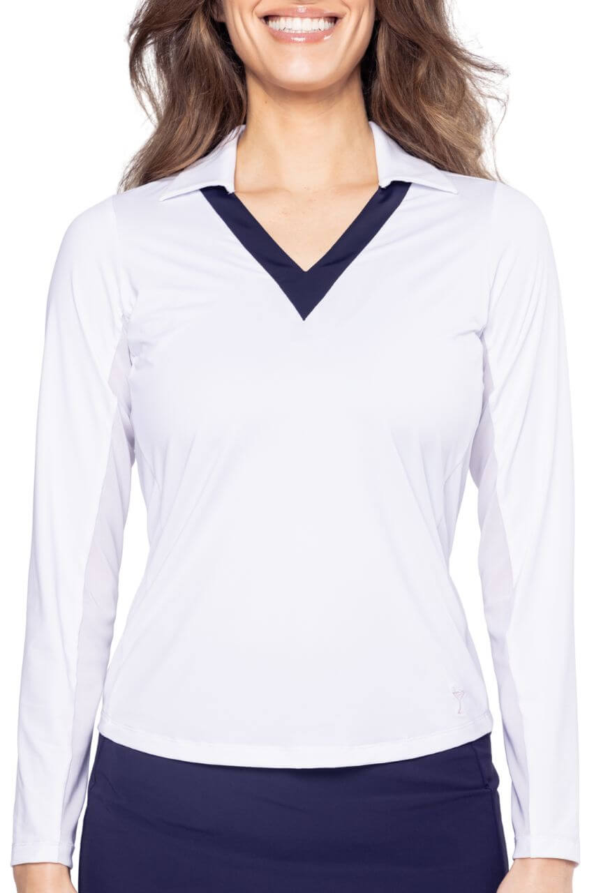 White Say Yes Long Sleeve Sport Polo - GolftiniTops