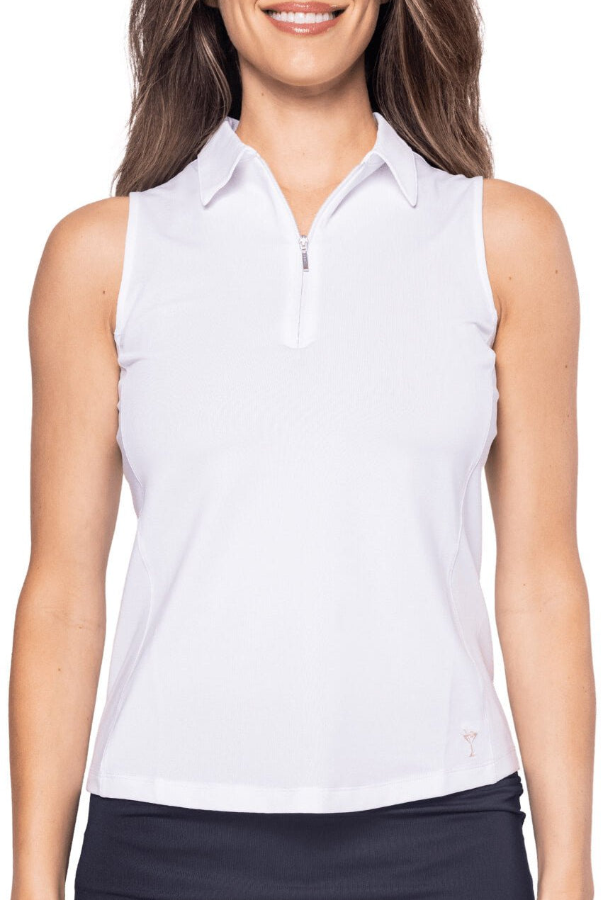 White Sleeveless Zip Polo - GolftiniTops