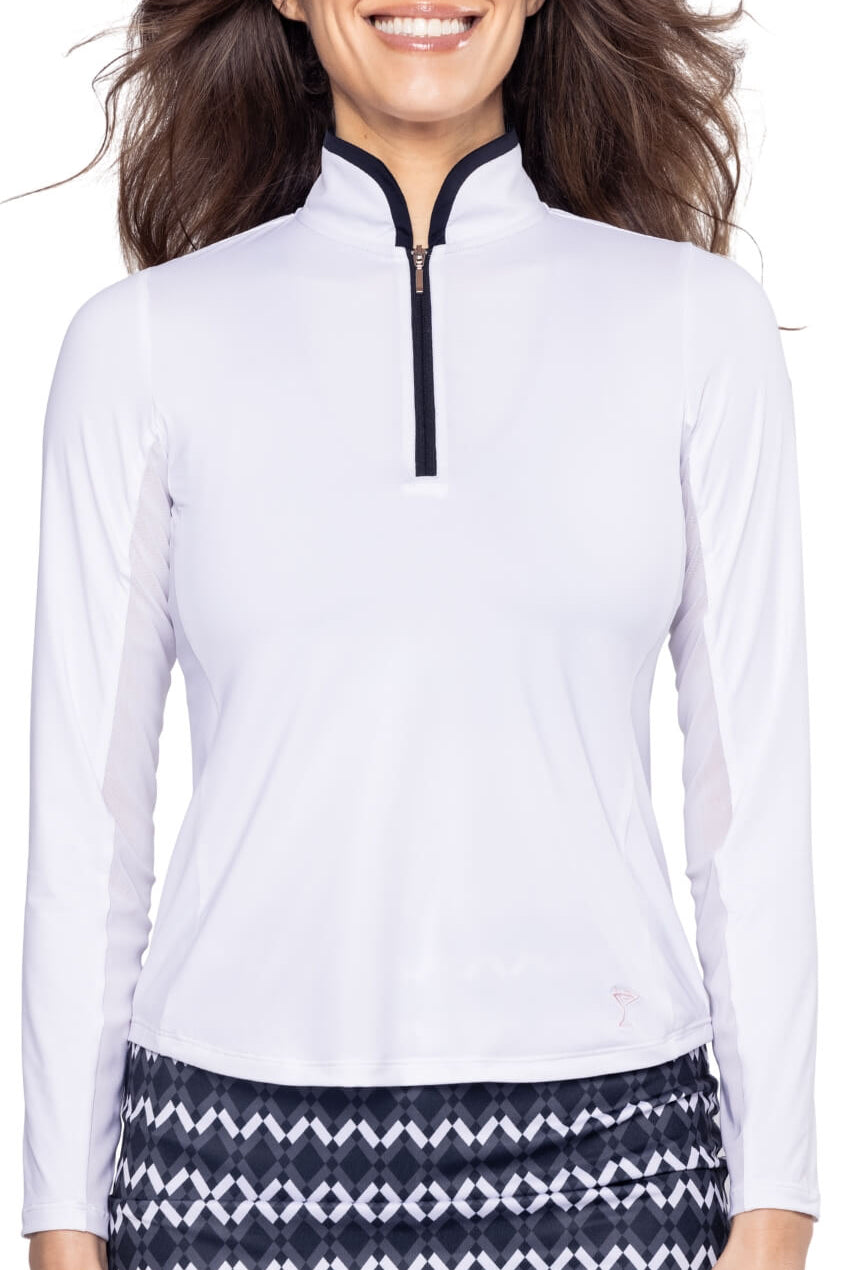 White/Black Long Sleeve Cool Girl Mock Polo - GolftiniTops