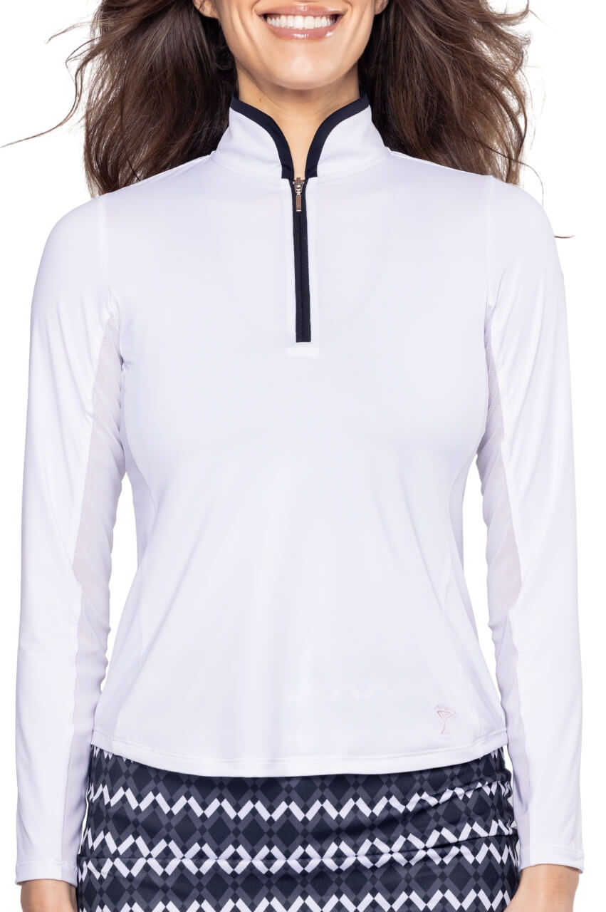 White/Black Long Sleeve Cool Girl Mock Polo - GolftiniTops