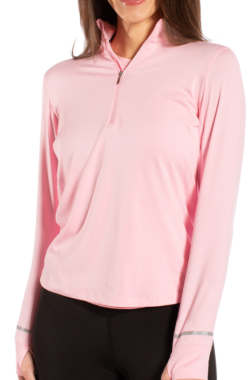 Women&#39;s pink stretch golf pullover with silver sleeve accents and quarter zip collar