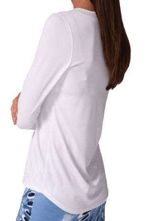Women's white long sleeve sun protected golf top. Ladies UPF 30 stretch long-sleeve top. Mesh trim golf top with martini logo by Golftini. Designer golf top