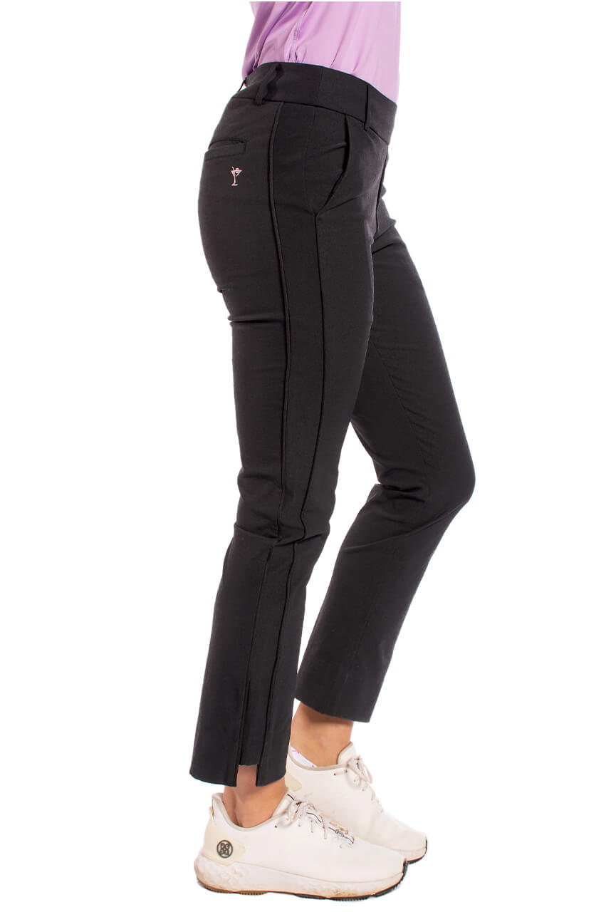 Women&#39;s black cropped stretch golf pant with martini on back pocket