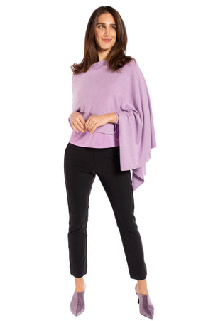 Cute lavender golf outfit with cashmere poncho and black stretch golf pant