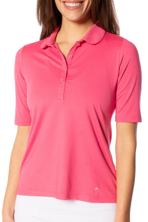 Women's pink elbow length button golf polo in ultra-soft fabric