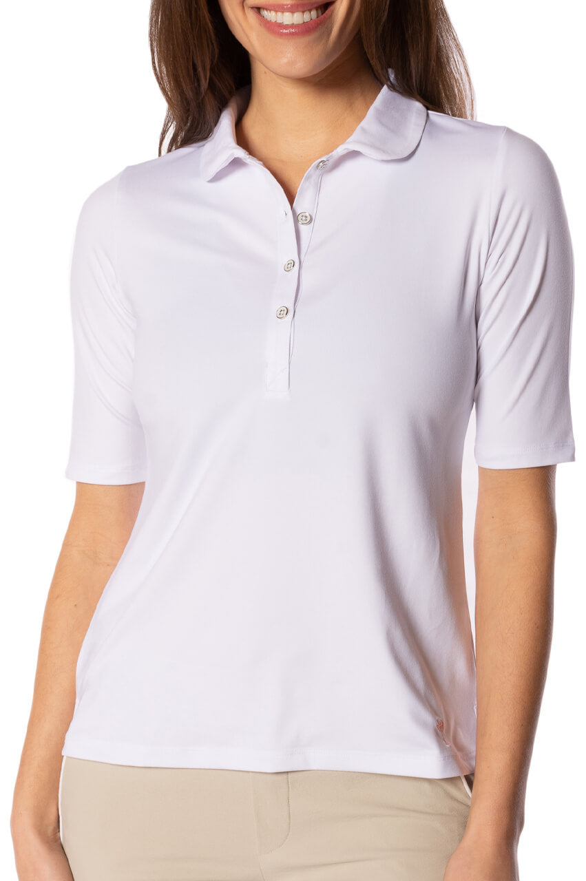 Women&#39;s white elbow length golf polo with buttons