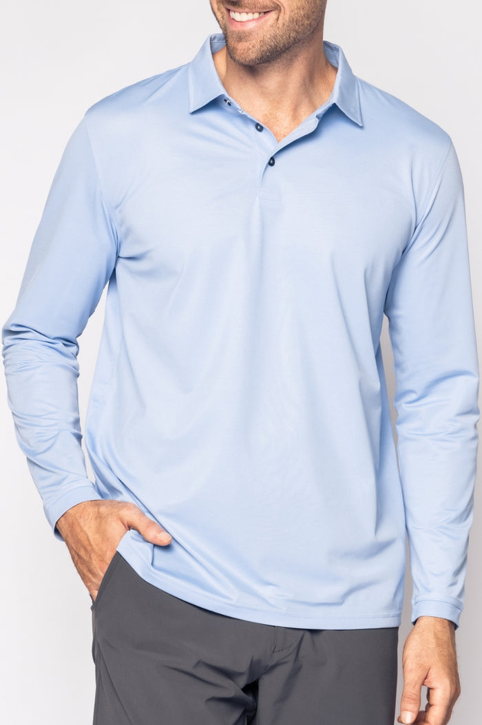 Men's Seersucker Blue Long Sleeve Pique Polo