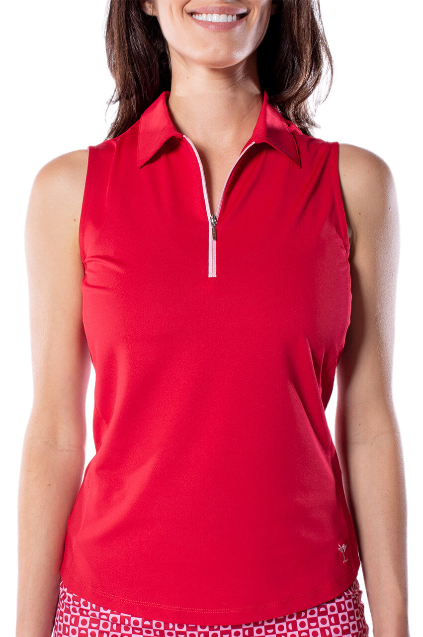 Red/Light Pink Sleeveless Zip Contrast Polo