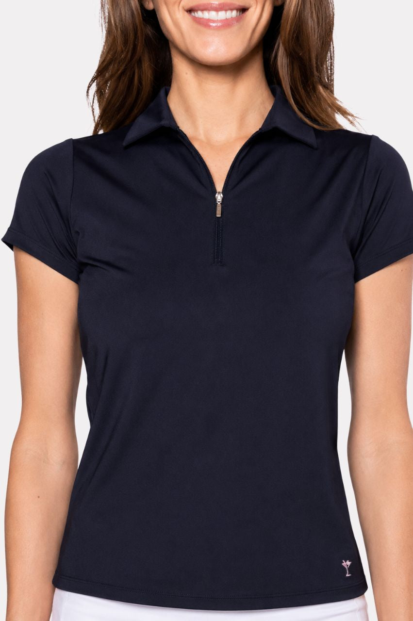 Golftini | Navy Short Sleeve Zip Stretch Polo | Women's Golf Polo