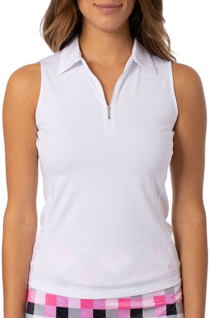 Women's white sleeveless golf polo