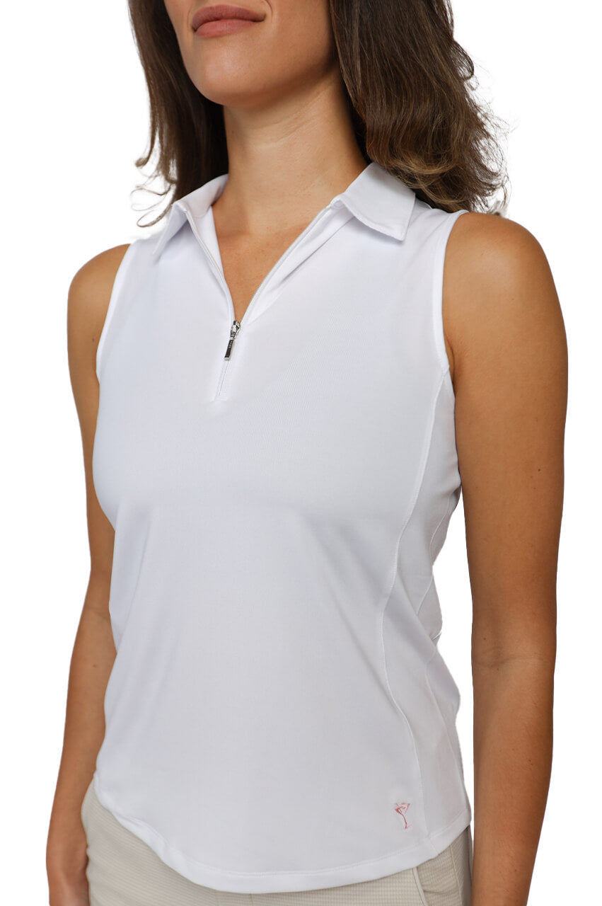 Women's white sleeveless golf polo