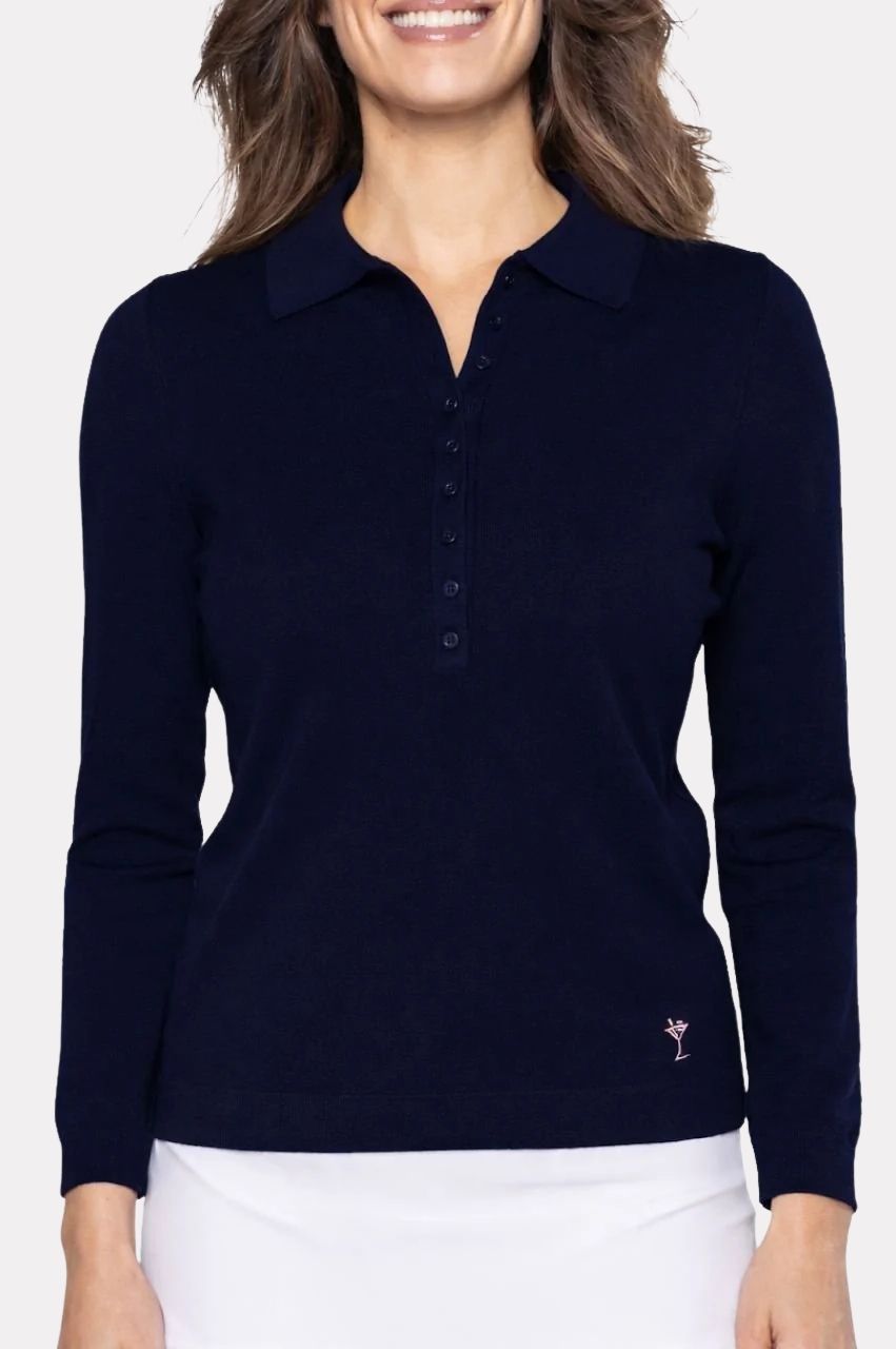 Women's Navy Long Sleeve Button Polo Sweater - Golftini