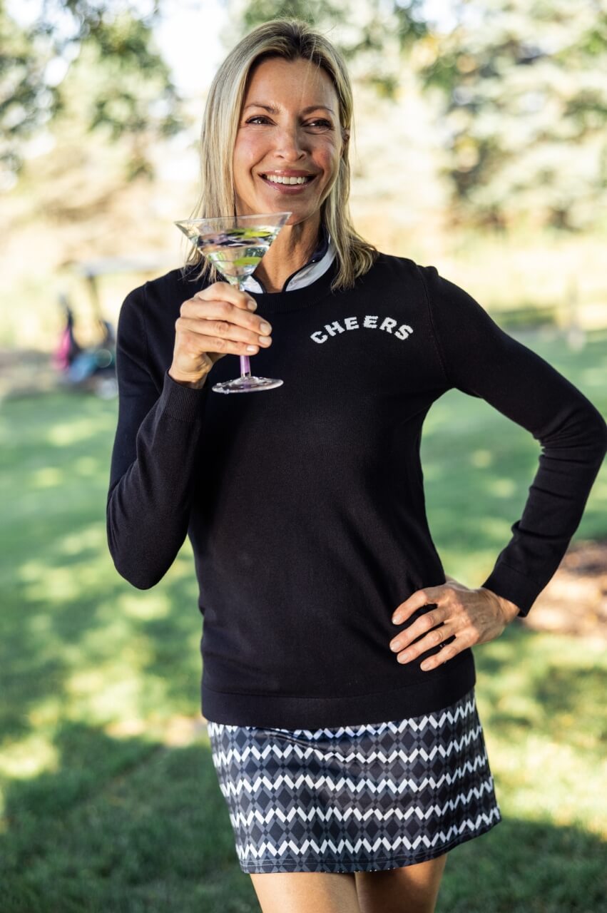 Black CHEERS Crewneck Sweater | Women's Golf Sweater by Golftini