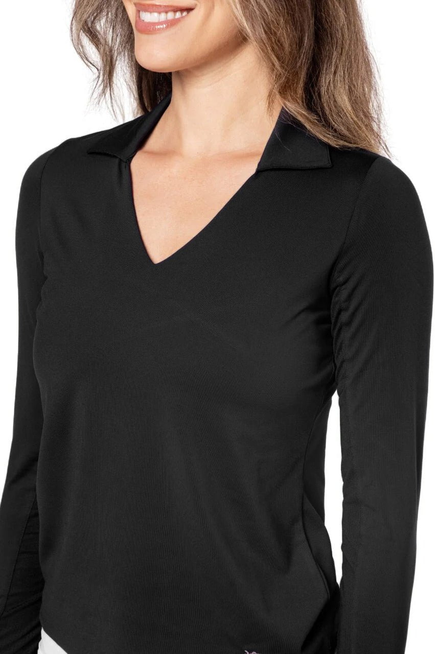 Black Long Sleeve Sport Stretch Polo | Women's Golf Top – Golftini
