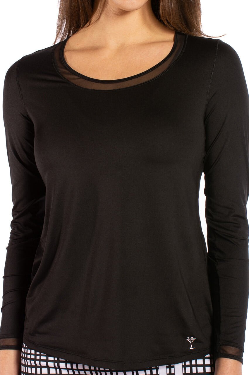 Black Long Sleeve Mesh Trim Top - GolftiniTops