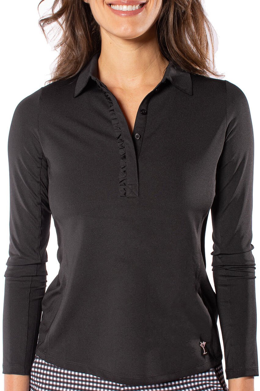 Golftini | Black Long Sleeve Ruffle Stretch Polo - Women's Golf Top XS Golftini | Black Long Sleeve Ruffle Stretch Polo - Women's Golf Top XS