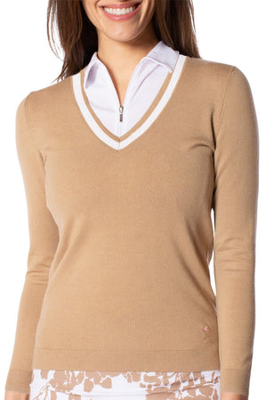 Golftini Camel White Long Sleeve V Neck Sweater Women s Golf Tops