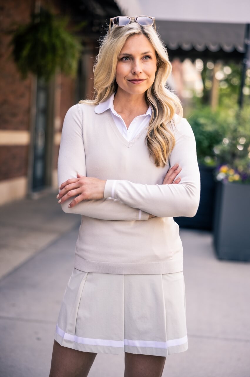 Khaki/White Stretch V - Neck Sweater - GolftiniSweaters