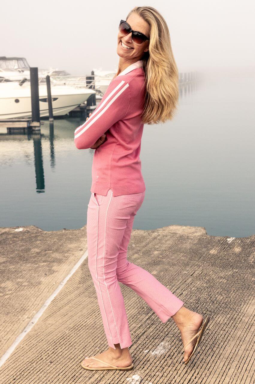 Nantucket Pink/White Stretch V - Neck Sweater - GolftiniSweaters