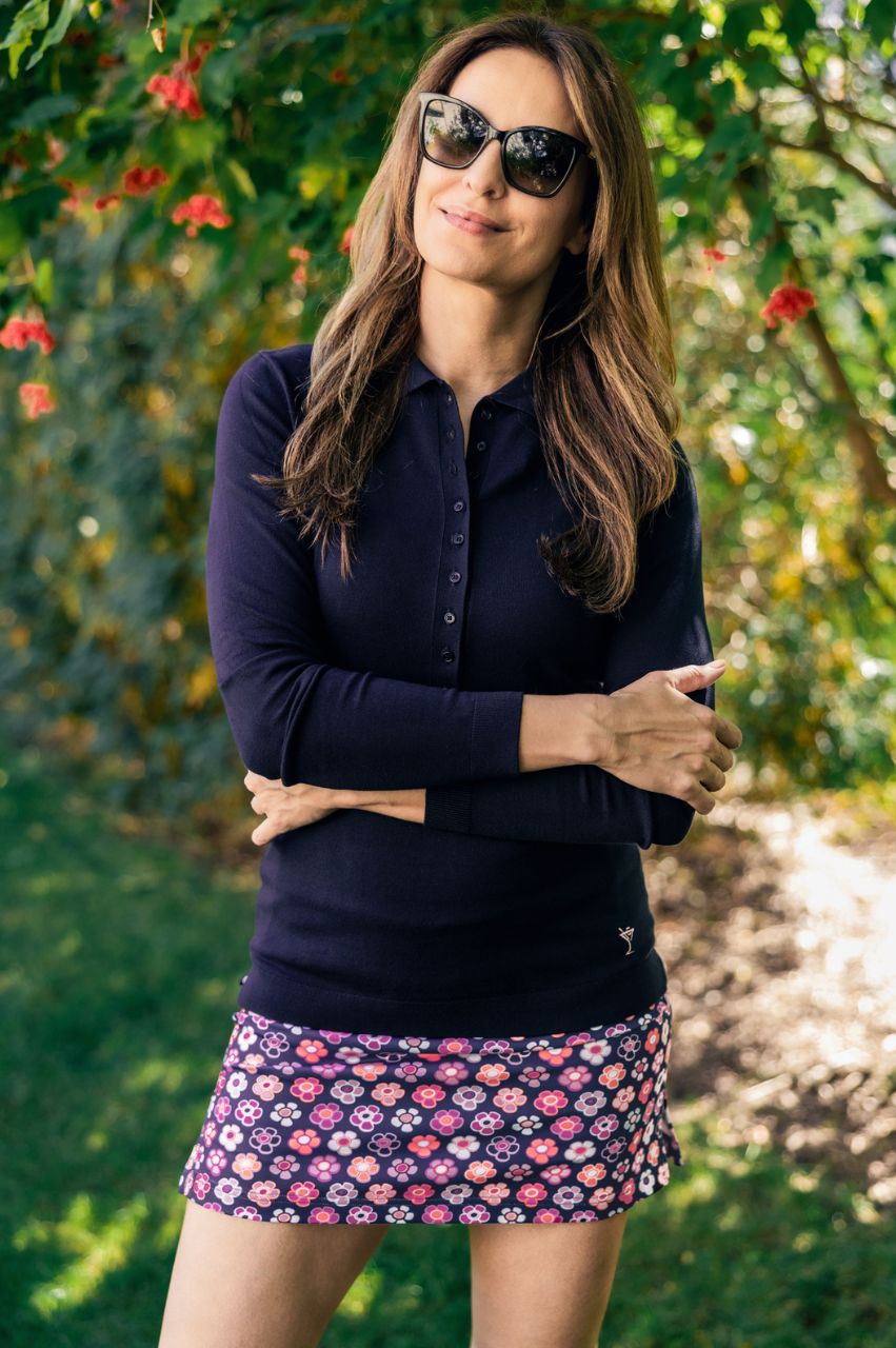 Women's Navy Long Sleeve Button Polo Sweater - Golftini