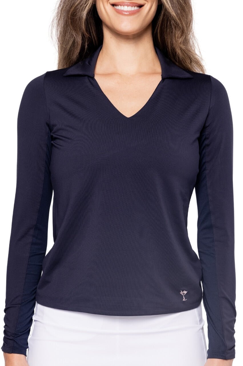 Navy Long Sleeve Sport Stretch Polo | Women's Golf Top – Golftini