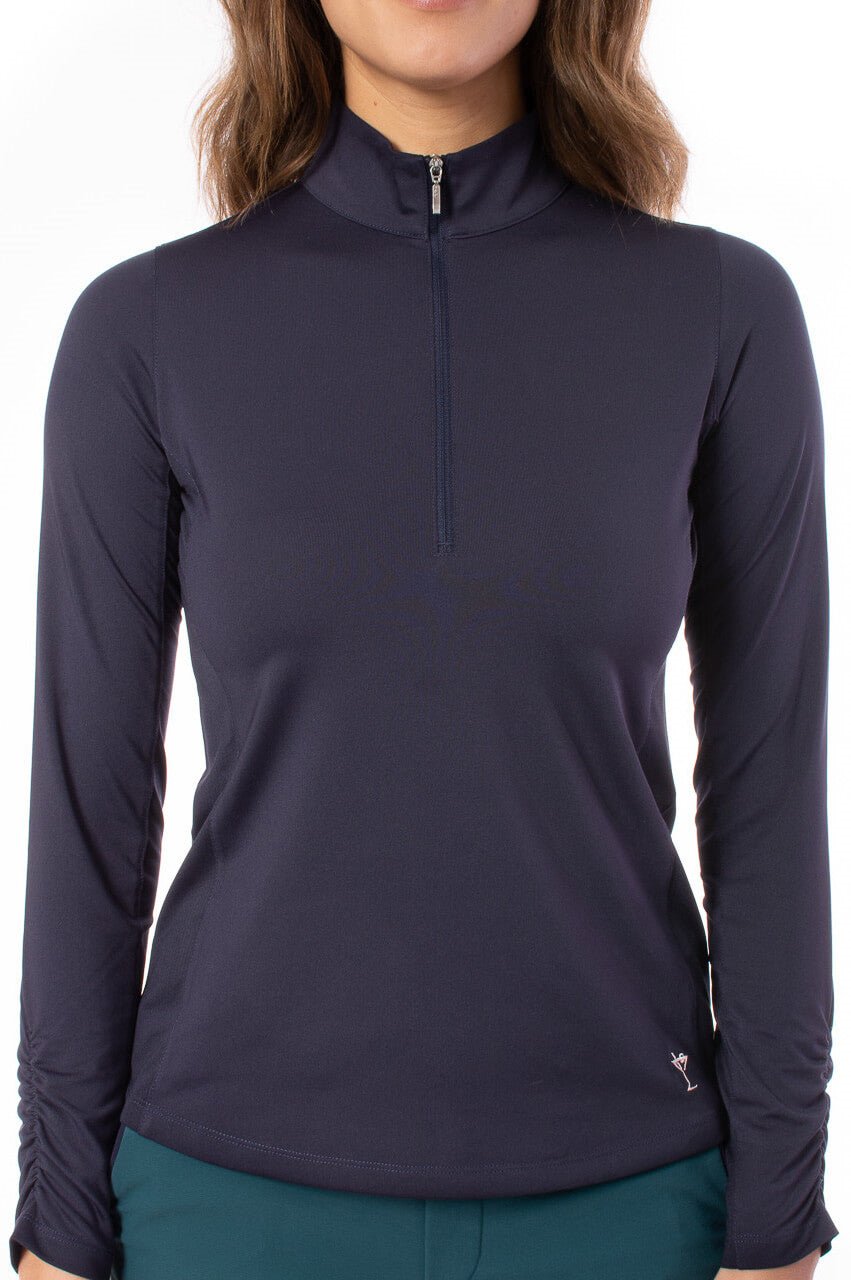 Golftini | Navy Long Sleeve Mock Zip Stretch Polo | Women's Golf Tops