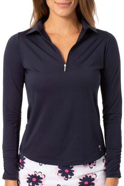 Women s Navy Long Sleeve Breathable Zip Stretch Polo Shirt Golftini