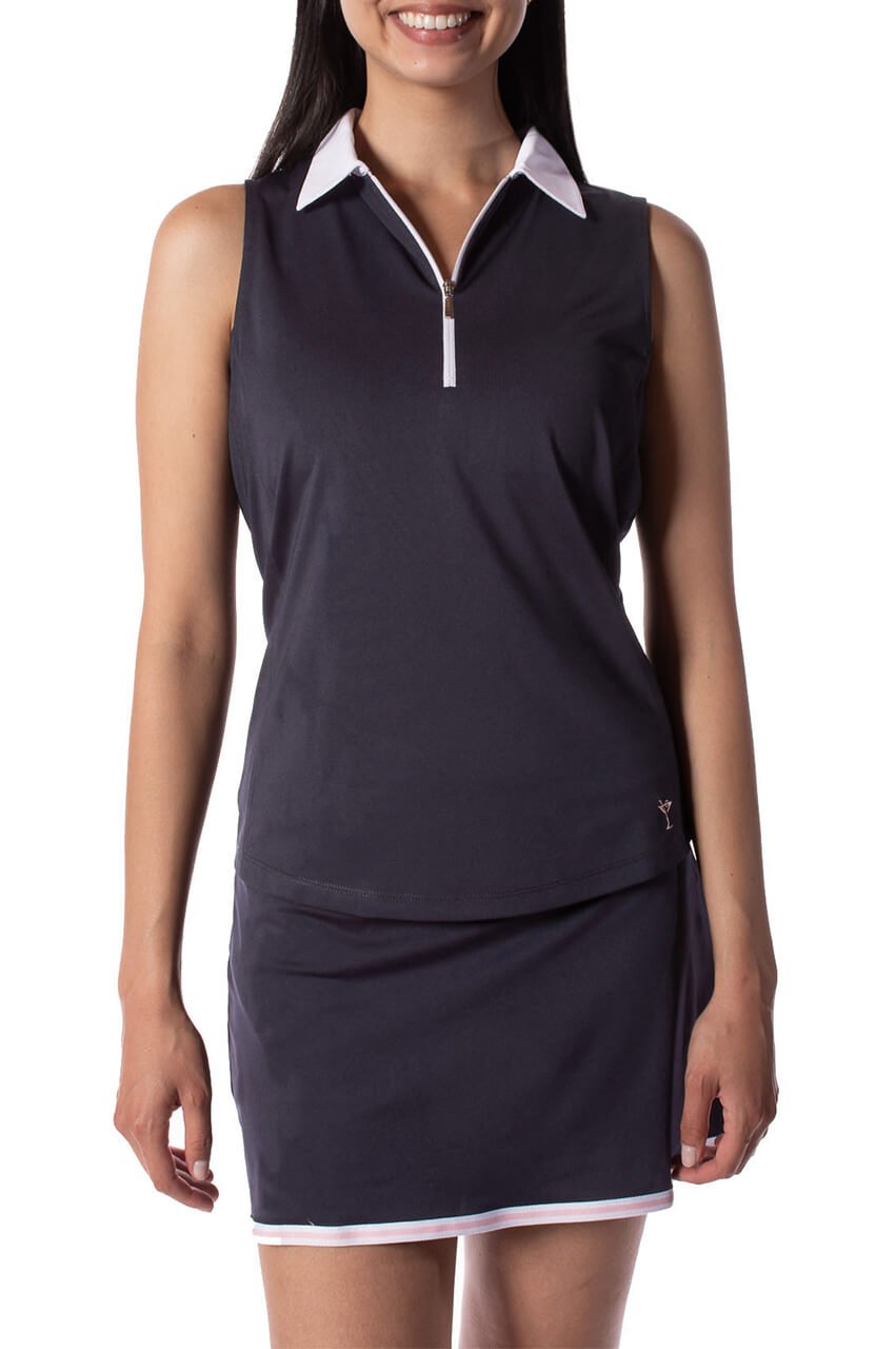 Navy Sleeveless Zip Contrast Polo - GolftiniTops