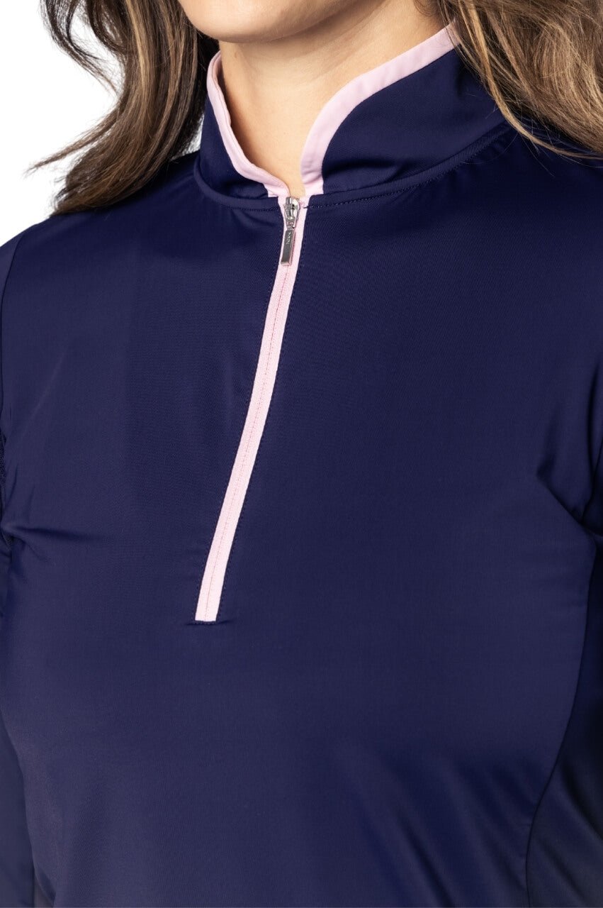 Navy/Pink Contrast Mock Zip Polo | Women's Golf Polos by Golftini