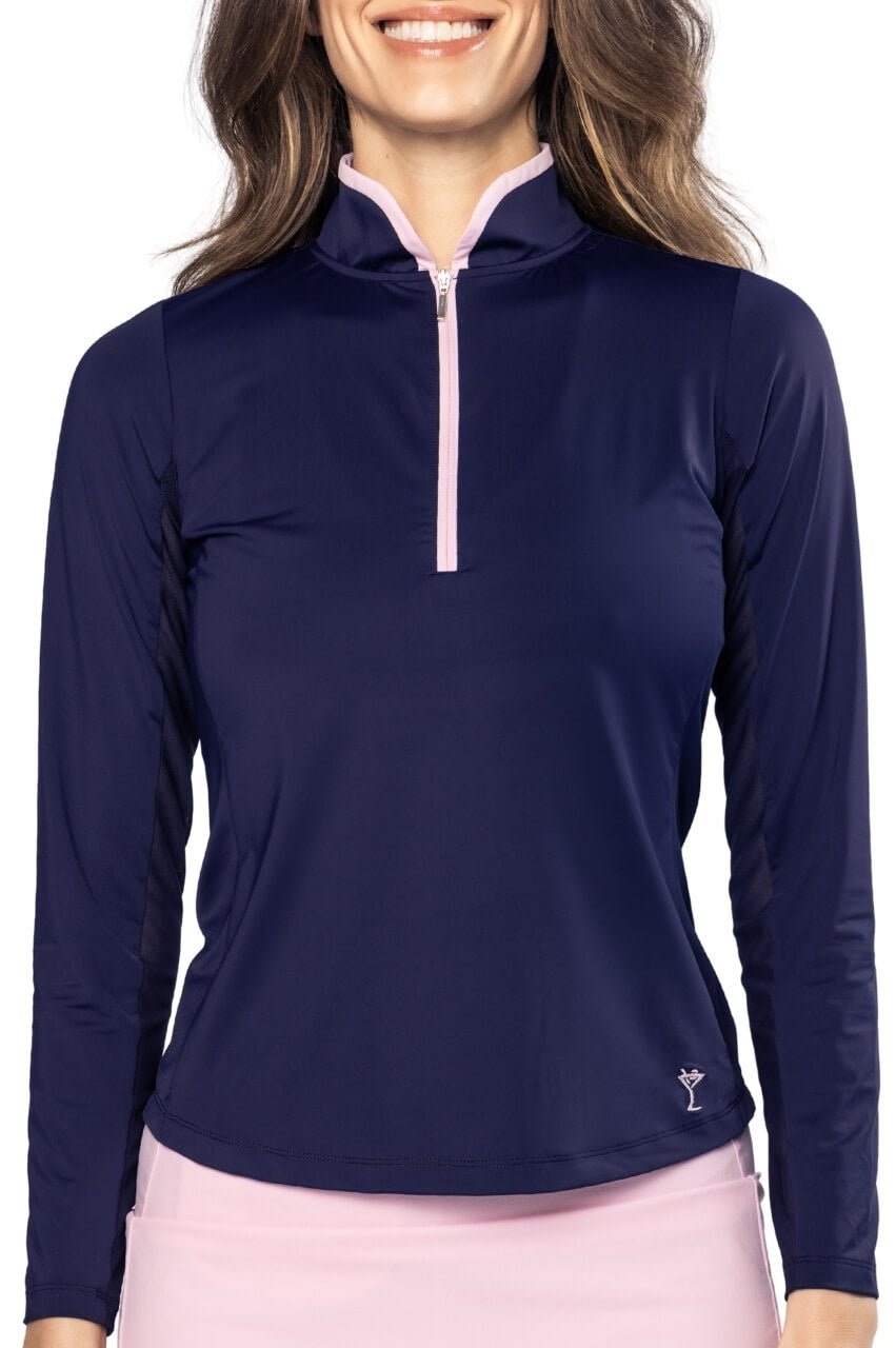 Navy/Rose Pink Long Sleeve Cool Girl Mock Polo - GolftiniTops