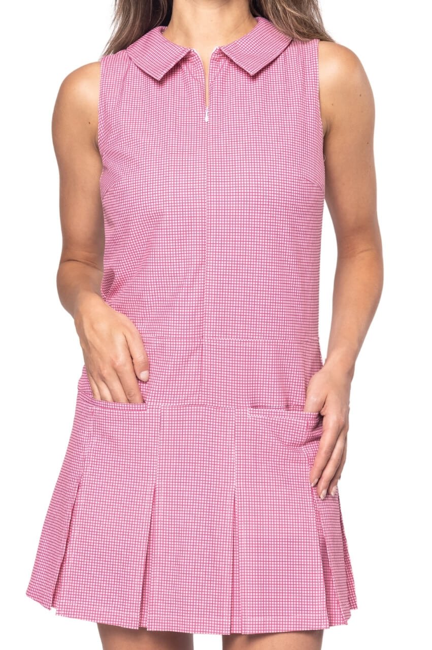 strapless open back dress Women's Pink Plaid Pleated Sport Dress