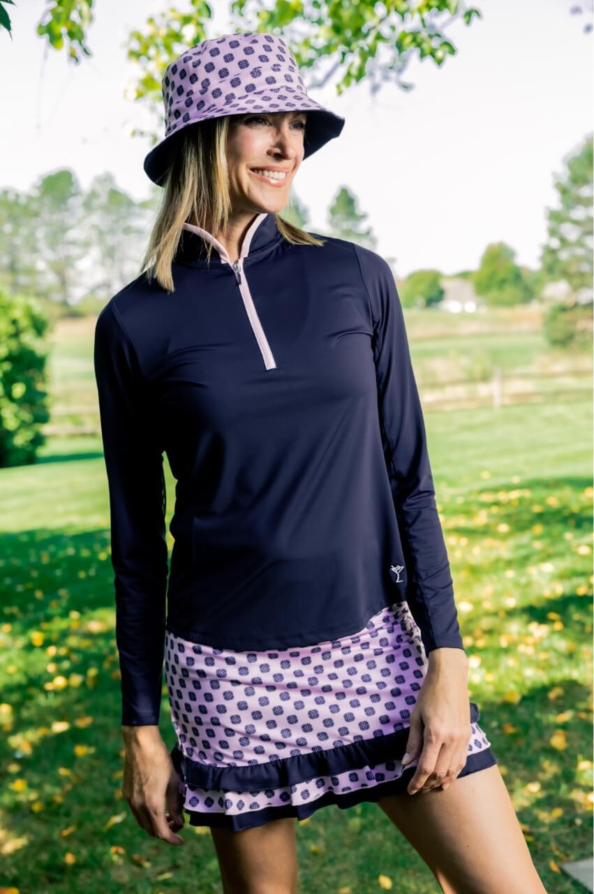 Navy/Pink Contrast Mock Zip Polo | Women's Golf Polos by Golftini
