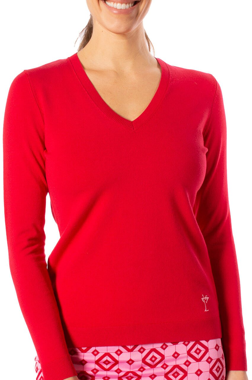 Red Stretch V Neck Sweater