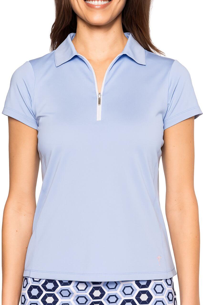 Seersucker Blue Short Sleeve Zip Polo| Women's Short Sleeve Polo