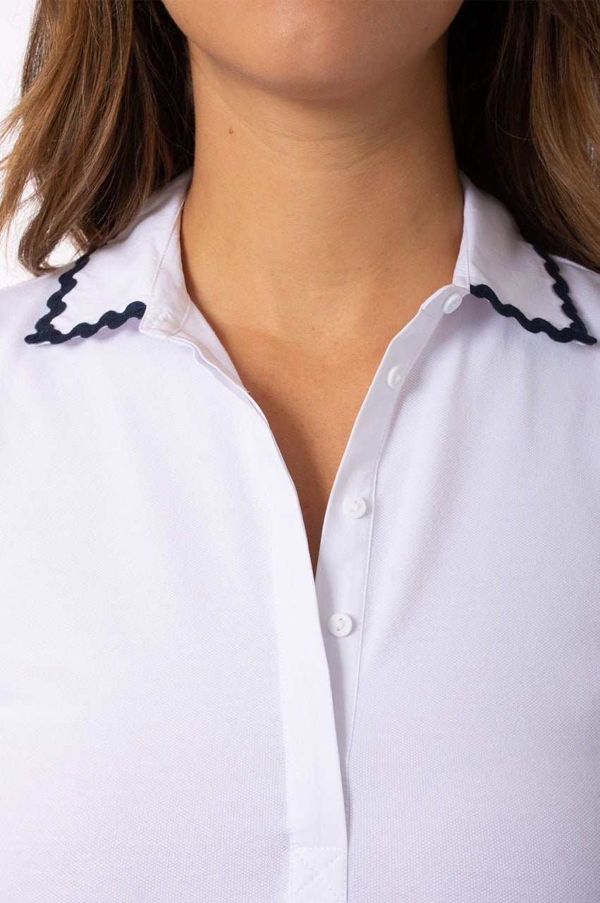 Sleeveless Stretch Pique Cotton Polo with Navy Ric Rac Trim - GolftiniTops