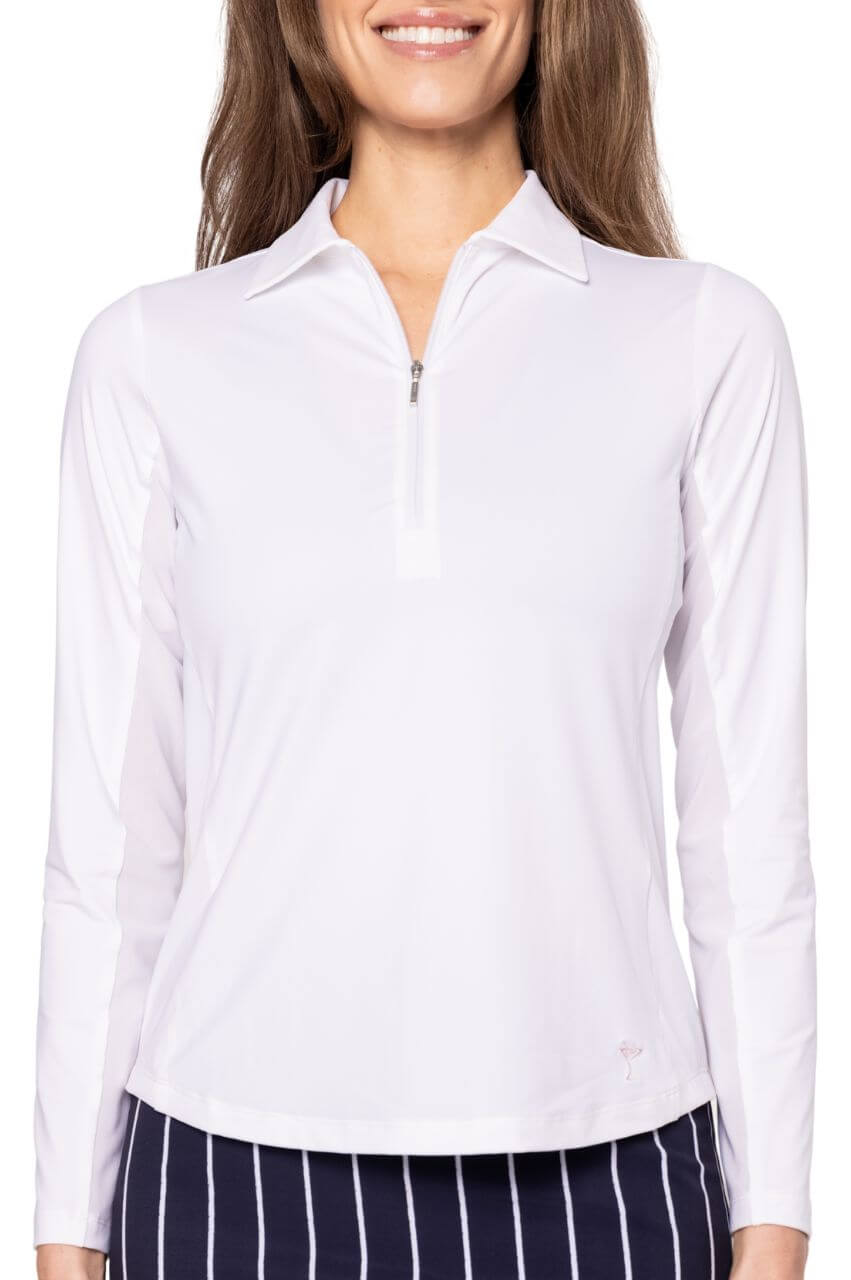 White Long Sleeve Cool Girl Zip Polo | Women's Golf Polos by