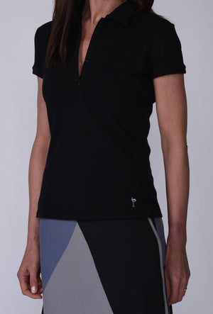 Women's Short Sleeve Stretch Cotton Button Polo - Black