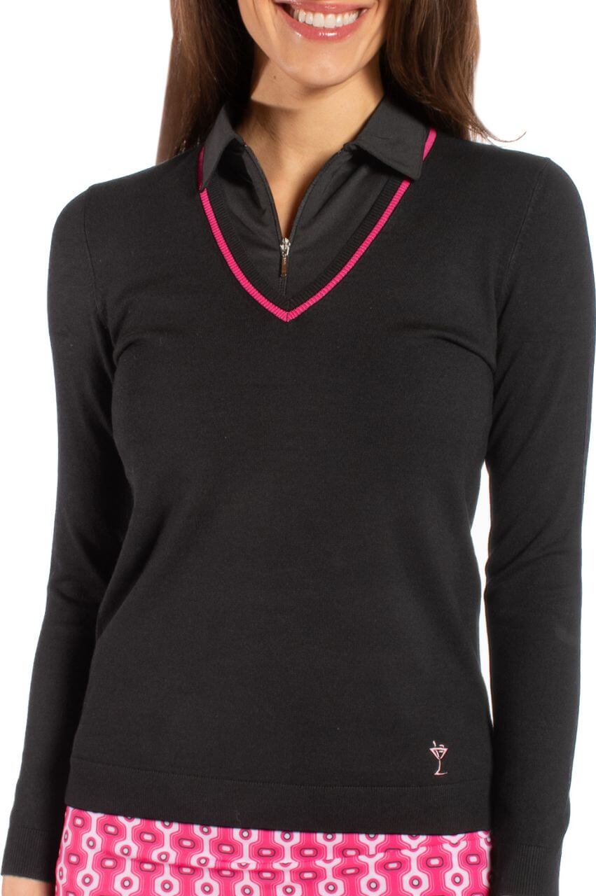 Sæt ud Hop ind Konkret Golftini | Black/Hot Pink Long Sleeve V-Neck Sweater Women's Golf Tops