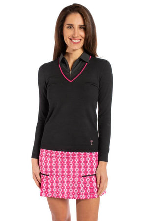 Cute Black golf sweater with pretty hot pink white and black print skort